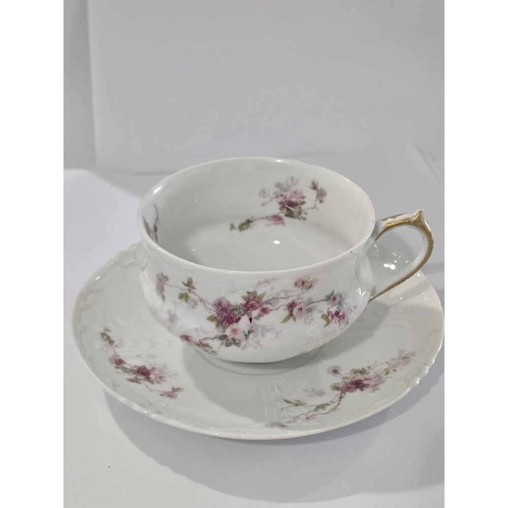 Haviland Limoges Schleiger Pink Rose Sprays Cup & Saucer Set Antique France - Picture 2 of 6